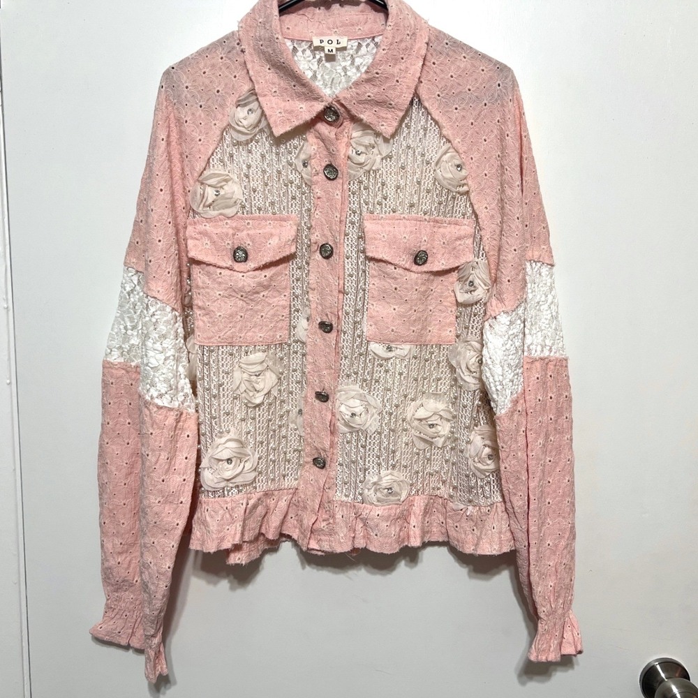 POL Womens Floral Applique Button Down Jacket Size M Lace Eyelet Pearls Festival